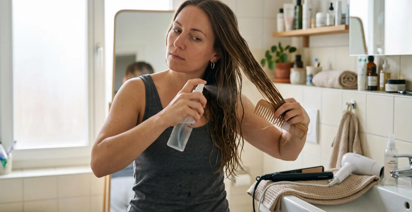 Une femme applique un spray protecteur thermique sur une mèche de cheveux humides devant son miroir de salle de bain, avant l'utilisation d'un lisseur posé sur le lavabo.