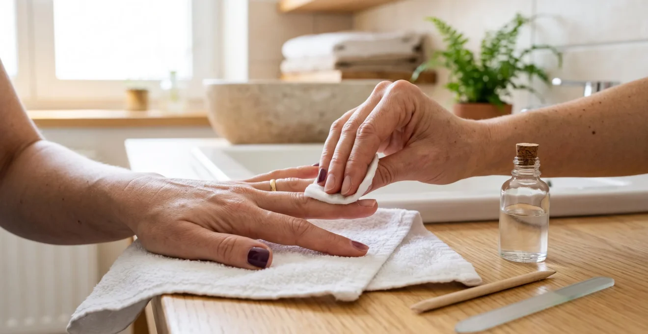 Une femme passe un dissolvant sans huile sur ses ongles avec un pad pour éliminer le film gras avant la pose du vernis.