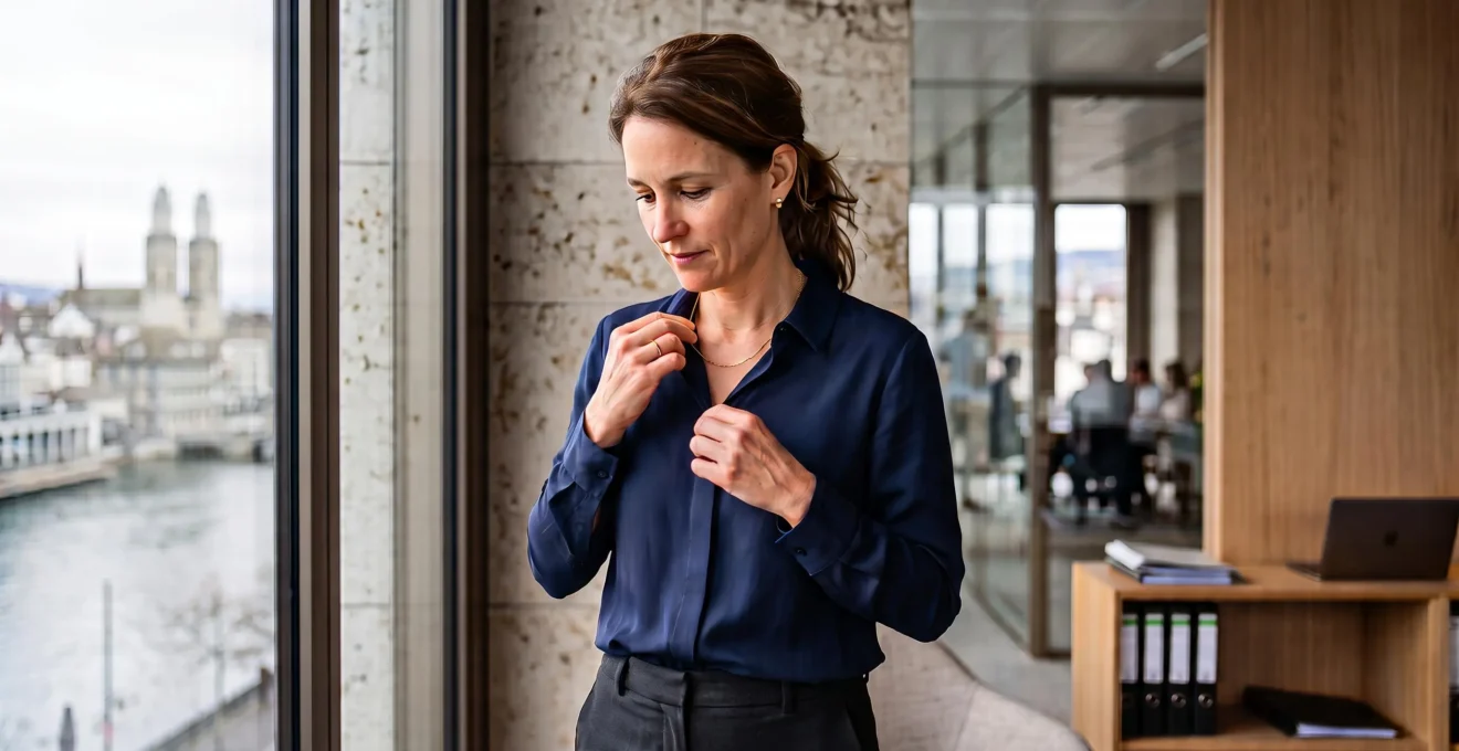 Une femme en chemisier sobre ajuste un fin collier doré dans un bureau suisse lumineux avant une réunion.