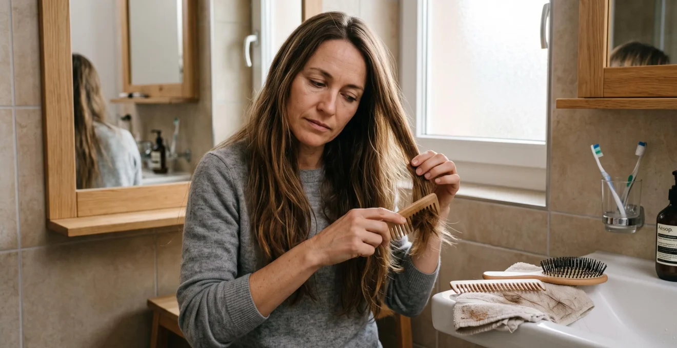 Une femme aux cheveux longs démêle ses cheveux avec un peigne à dents larges devant son miroir de salle de bain, en tenant la mèche au-dessus du nœud.