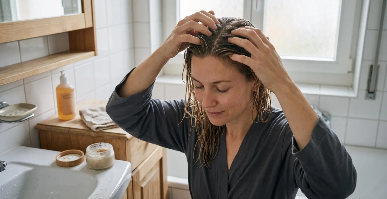 Une femme masse un gommage exfoliant sur son cuir chevelu au niveau des racines dans une salle de bains lumineuse, avec un pot de gommage ouvert posé sur le plan du lavabo.