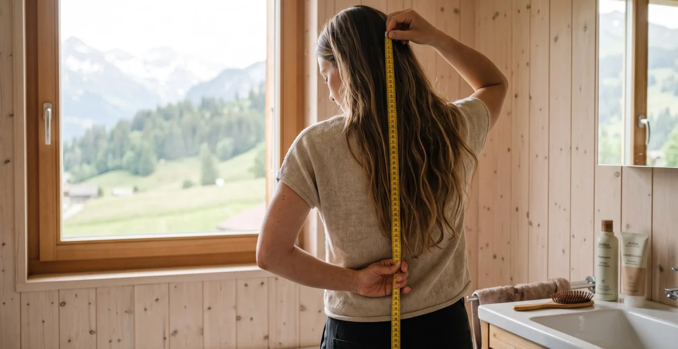 Une femme mesure la longueur de ses cheveux avec un mètre ruban souple dans une salle de bain lumineuse.