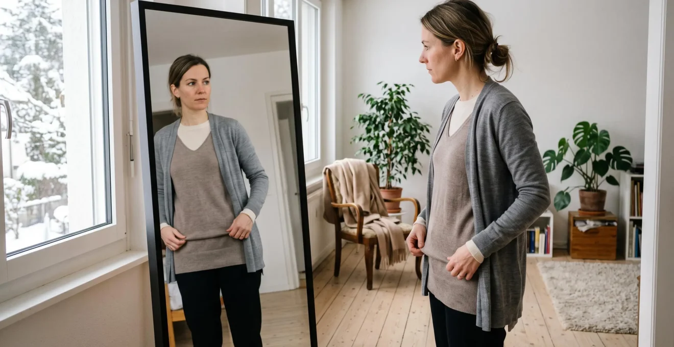 Une femme ajuste devant son miroir une superposition de trois pulls de longueurs différentes pour vérifier l'effet de sa silhouette.