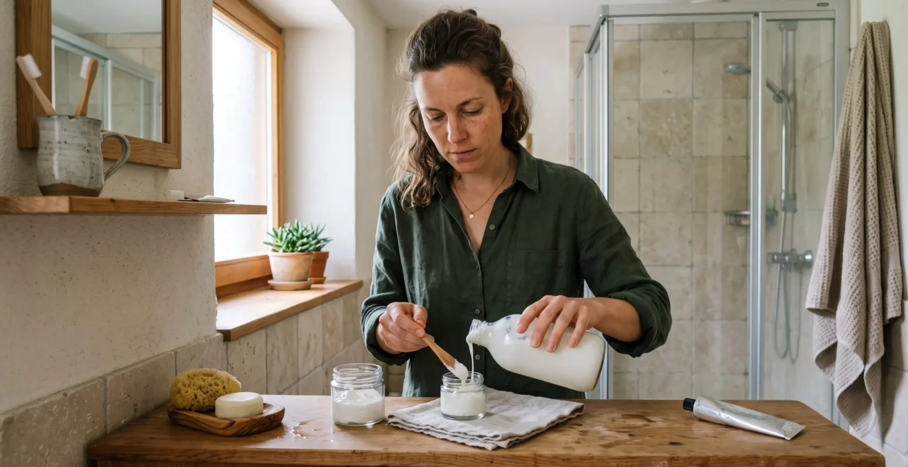 Une femme remplit un pot en verre de crème à partir d'une recharge dans une salle de bains lumineuse, avec une routine beauté réduite posée sur le plan de travail.