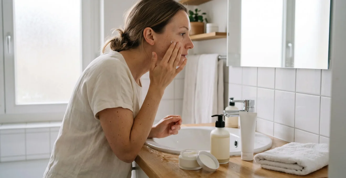 Une femme applique une crème visage devant trois produits de soin alignés sur le lavabo d'une salle de bain éclairée par la lumière du matin.